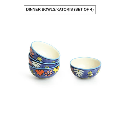 The Bee Collective' Hand-painted Ceramic Dining Bowl Katoris (Set Of 4 | 150 ML | Microwave Safe)
