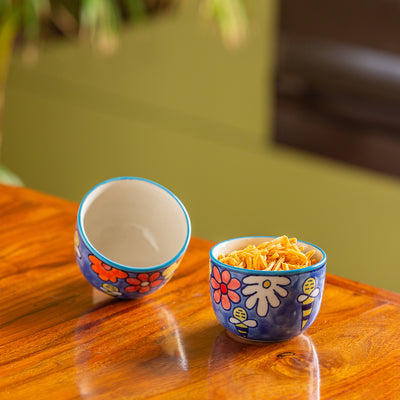 The Bee Collective' Hand-painted Ceramic Serving Bowls (Set Of 2 | 250 ML | Microwave Safe)
