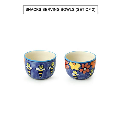 The Bee Collective' Hand-painted Ceramic Serving Bowls (Set Of 2 | 250 ML | Microwave Safe)