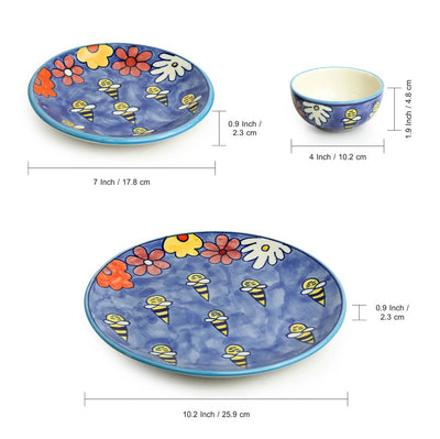The Bee Collective' Hand-painted Ceramic Dinner Plates | Side/Quarter Plates & Katoris (12 Pieces | Serving For 4 | Microwave Safe)