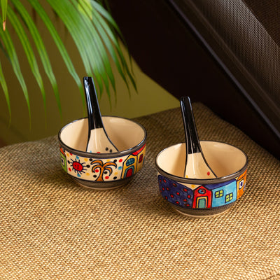 Soupy Huts' Handpainted Soup Bowl With Spoon  In Ceramic (Set Of 2 | 260 ML | Microwave Safe)