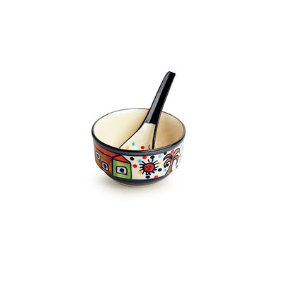 Soupy Huts' Handpainted Soup Bowl With Spoon  In Ceramic (Set Of 2 | 260 ML | Microwave Safe)