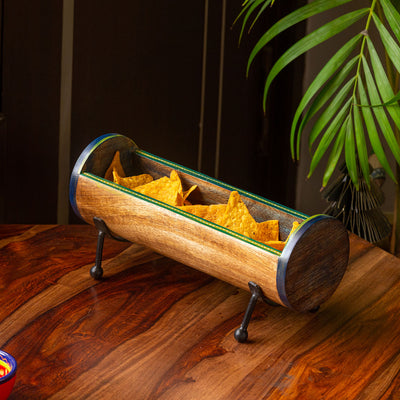 'Lunar Barrel' Hand-Painted Cylindrical Serving Platter in Mango Wood & Iron