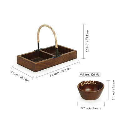 Cane Heirloom' Snacks Serving Bowls Set With Tray in Sheesham Wood (Set of 2 | 120 ml)