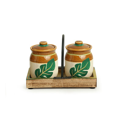 Shades of a Leaf' Hand-Painted Ceramic Jars With Tray (Set of 2 | 220 ml)
