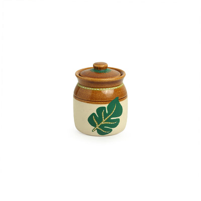 Shades of a Leaf' Hand-Painted Ceramic Jars With Tray (Set of 2 | 220 ml)