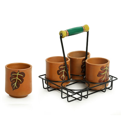 Shades of a Leaf' Hand-Painted Terracotta Kullads With Tray (Set of 4 | 220 ml)
