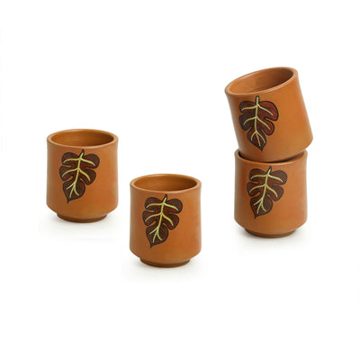 Shades of a Leaf' Hand-Painted Terracotta Kullads With Tray (Set of 4 | 220 ml)