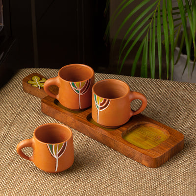 Shades of a Leaf' Hand-Painted Terracotta Coffee & Tea Cups With Tray (Set of 3 | 160 ml)