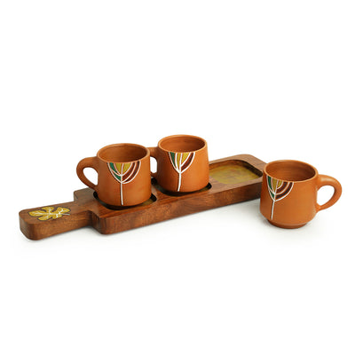 Shades of a Leaf' Hand-Painted Terracotta Coffee & Tea Cups With Tray (Set of 3 | 160 ml)