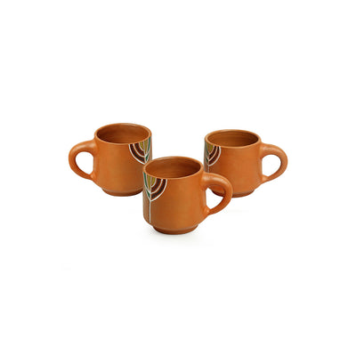 Shades of a Leaf' Hand-Painted Terracotta Coffee & Tea Cups With Tray (Set of 3 | 160 ml)