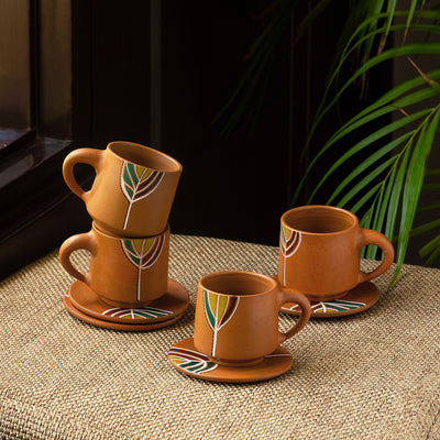 Shades of a Leaf' Hand-Painted Terracotta Coffee & Tea Cups With Saucers (Set of 4 | 160 ml)