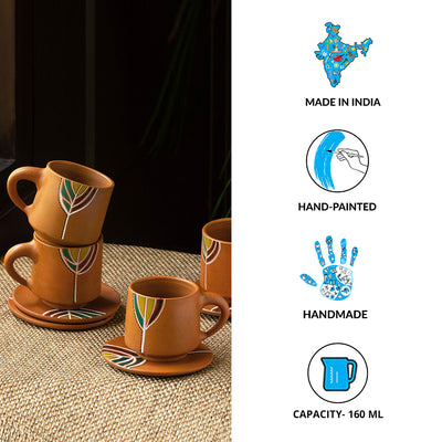 Shades of a Leaf' Hand-Painted Terracotta Coffee & Tea Cups With Saucers (Set of 4 | 160 ml)