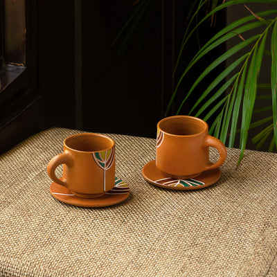 Shades of a Leaf' Hand-Painted Terracotta Coffee & Tea Cups With Saucers (Set of 2 | 160 ml)