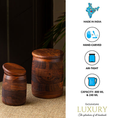Ripples of Wood' Handcrafted Jars With Lids In Sheesham Wood (Set of 2 | Airtight | 800ML & 240 ML)