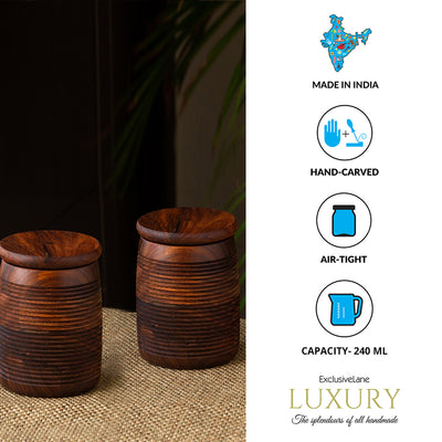 Ripples of Wood' Handcrafted Jars With Lids In Sheesham Wood (Set of 2 | Airtight | 240 ML)