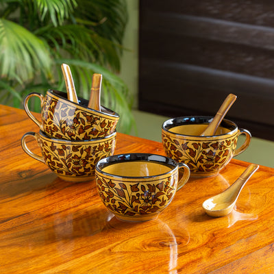 Mughal Floral' Hand-painted Ceramic Soup Bowls With Spoons (Set Of 4 | 380 ML | Microwave Safe)