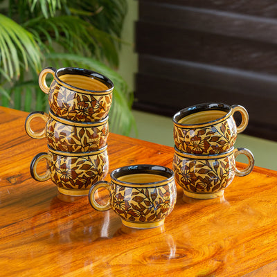 Mughal Floral' Hand-painted Ceramic Coffee & Tea Cups (Set of 6 | 180 ML | Microwave Safe)
