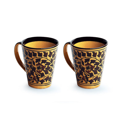 Mughal Floral' Hand-painted Ceramic Tea & Coffee Mugs (Set of 2 | 240 ML | Microwave Safe)