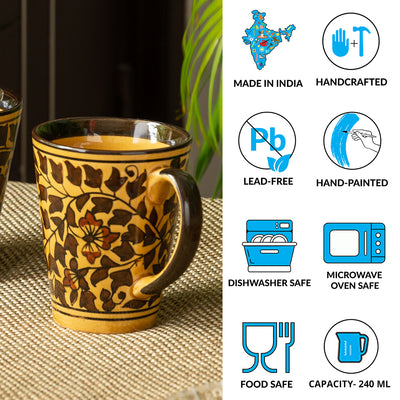 Mughal Floral' Hand-painted Ceramic Tea & Coffee Mugs (Set of 2 | 240 ML | Microwave Safe)