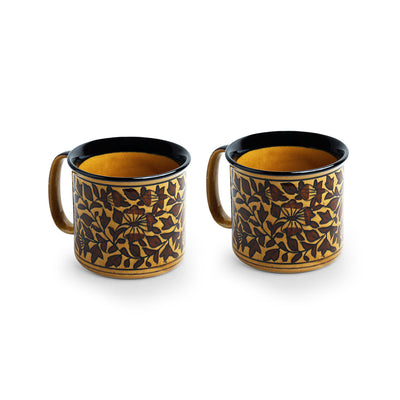 Mughal Floral' Hand-painted Ceramic Tea & Coffee Mugs (Set of 2 | 400 ML | Microwave Safe)