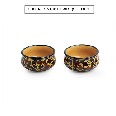 Mughal Floral' Hand-painted Ceramic Chutney & Dip Bowls (Set of 2 | 80 ML | Microwave Safe)