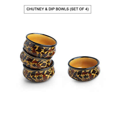 'Mughal Floral' Hand-painted Ceramic Chutney & Dip Bowls (Set of 4, 80 ML, Microwave Safe)