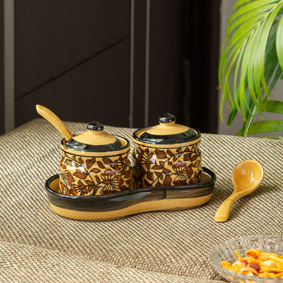 Mughal Floral' Hand-painted Ceramic Chutney & Pickle Jar Set With Tray (Set of 2 | 130)