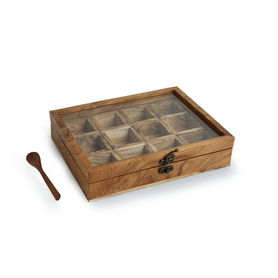 'Medley of Masalas' 12 Container Spice Box With Spoon In Teak Wood