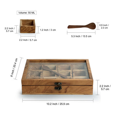 'Medley of Masalas' 12 Container Spice Box With Spoon In Teak Wood