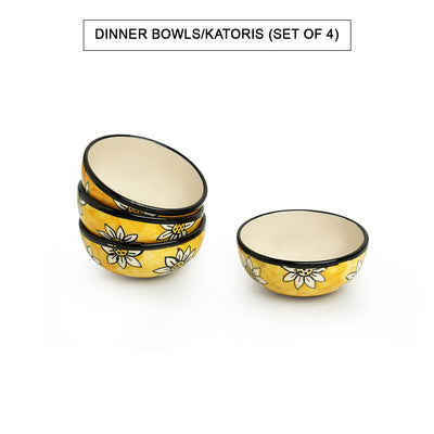 Californian Sunflowers' Hand-Painted Ceramic Dinner Bowls/Katoris (Set of 4 | 180 ML)