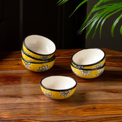 Californian Sunflowers' Hand-Painted Ceramic Dinner Bowls/Katoris (Set of 6 | 180 ML)