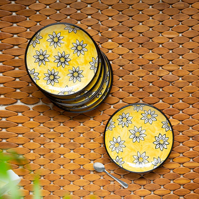 Californian Sunflowers' Hand-Painted Ceramic Side/Quarter Plates (Set Of 6 | 7 Inches)