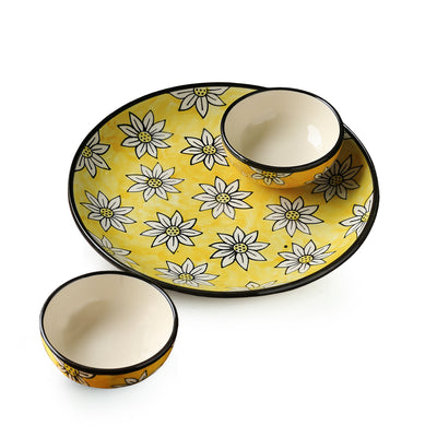 Californian Sunflowers' Hand-Painted Ceramic Dinner Plate With Dinner Katoris (3 Pieces | Serving for 1)