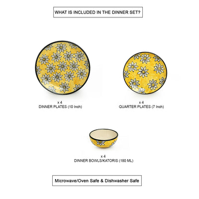 Californian Sunflowers' Hand-Painted Ceramic Dinner Plates | Side/Quarter Plates & Dinner Katoris (12 Pieces | Serving for 4)