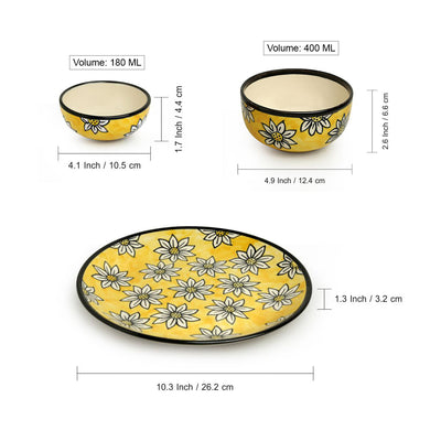 Californian Sunflowers' Hand-Painted Ceramic Dinner Plates | Serving Bowls & Dinner Katoris (10 Pieces | Serving for 4)