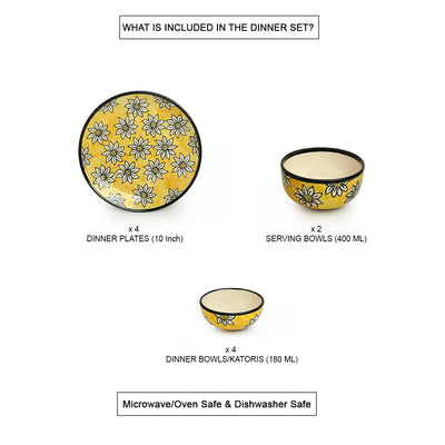 Californian Sunflowers' Hand-Painted Ceramic Dinner Plates | Serving Bowls & Dinner Katoris (10 Pieces | Serving for 4)