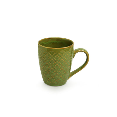 Moroccan Pistachio' Hand Glazed & Embossed Coffee Mugs In Ceramic (Set Of 2 | 300 ML | Microwave Safe)