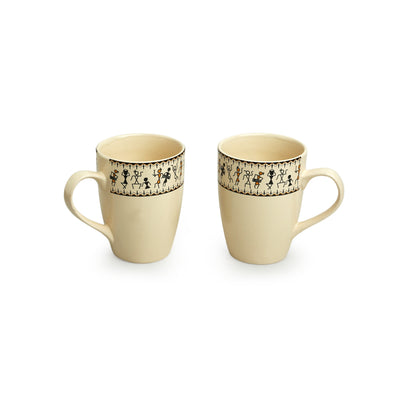 Whispers of Warli' Handcrafted Ceramic Tea & Coffee Mugs (Set of 2 | 300 ML | Microwave Safe)