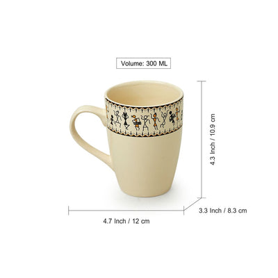Whispers of Warli' Handcrafted Ceramic Tea & Coffee Mugs (Set of 2 | 300 ML | Microwave Safe)