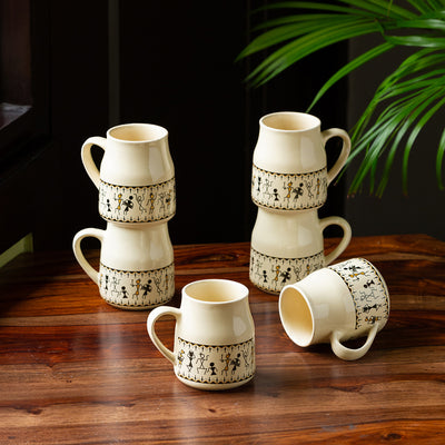 Whispers of Warli' Handcrafted Ceramic Tea Cups (Set of 6 | 140 ML | Microwave Safe)