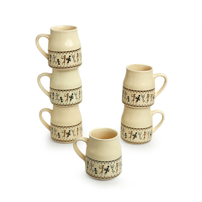 Whispers of Warli' Handcrafted Ceramic Tea Cups (Set of 6 | 140 ML | Microwave Safe)