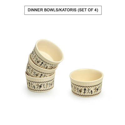 Whispers of Warli' Handcrafted Ceramic Dinner Bowls/Katoris (Set of 4 | 180 ML | Microwave Safe)