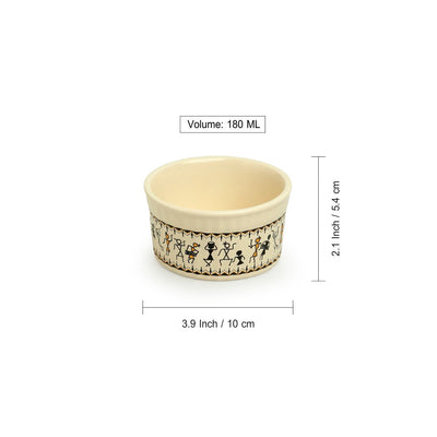 Whispers of Warli' Handcrafted Ceramic Dinner Bowls/Katoris (Set of 4 | 180 ML | Microwave Safe)