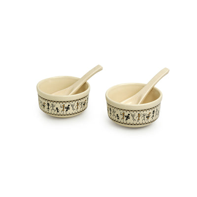 Whispers of Warli' Handcrafted Ceramic Soup Bowls With Spoons (Set of 2 | 300 ML | Microwave Safe)