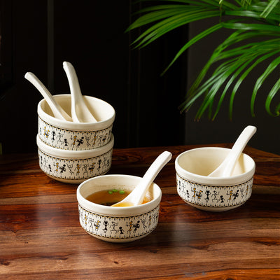 Whispers of Warli' Handcrafted Ceramic Soup Bowls With Spoons (Set of 4 | 300 ML | Microwave Safe)