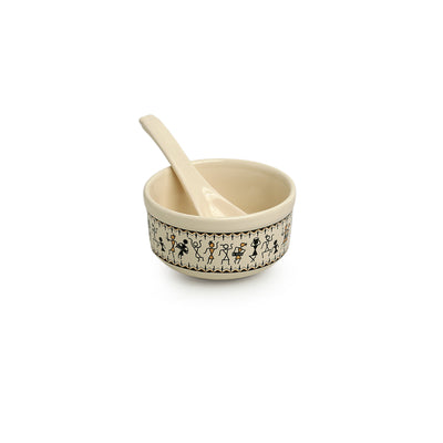 Whispers of Warli' Handcrafted Ceramic Soup Bowls With Spoons (Set of 4 | 300 ML | Microwave Safe)