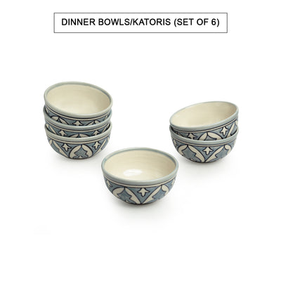 Arabian Nights' Hand-Painted Ceramic Dinner Bowls/Katoris (Set of 6 | 180 ML | Microwave Safe)