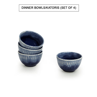 Sapphire Swirl' Hand Glazed Studio Pottery Dinner Bowls/Katoris In Ceramic (Set of 4 | 160 ML | Microwave Safe)