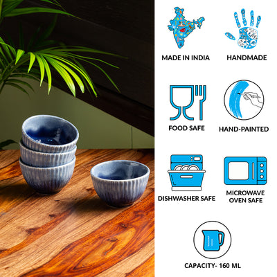 Sapphire Swirl' Hand Glazed Studio Pottery Dinner Bowls/Katoris In Ceramic (Set of 4 | 160 ML | Microwave Safe)